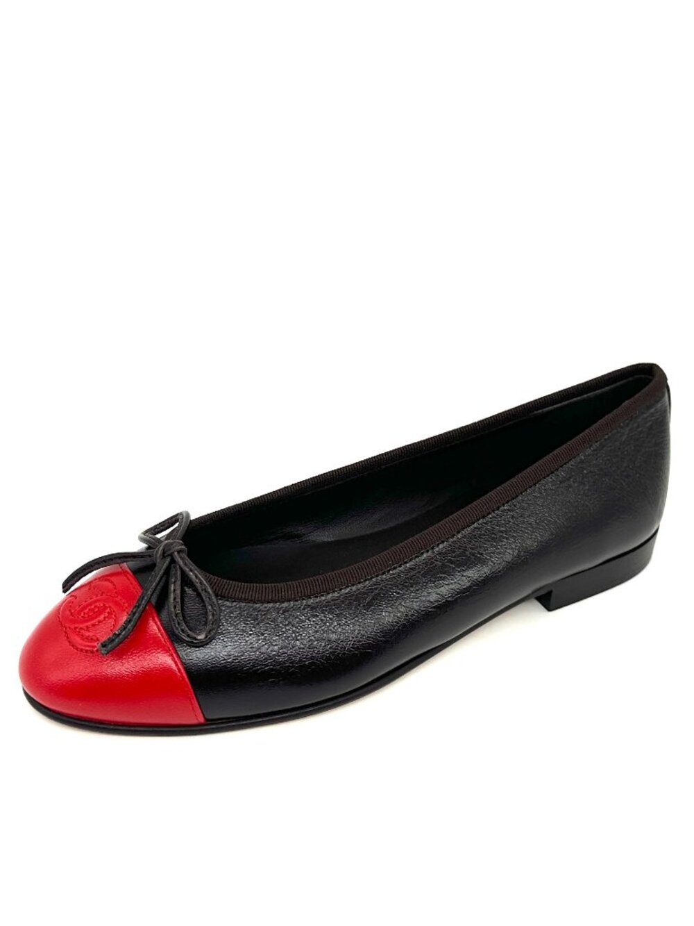 CHANEL 26S Crumpled Shiny Lambskin Leather Cap Toe Bow Ballerina Ballet Flats